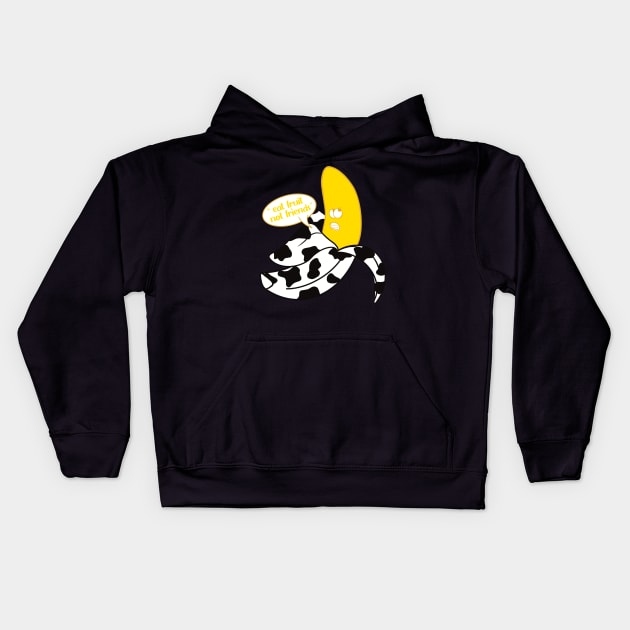 Banana in black and white cow onesie saying "Eat fruit not friends" Kids Hoodie by Fruit Tee